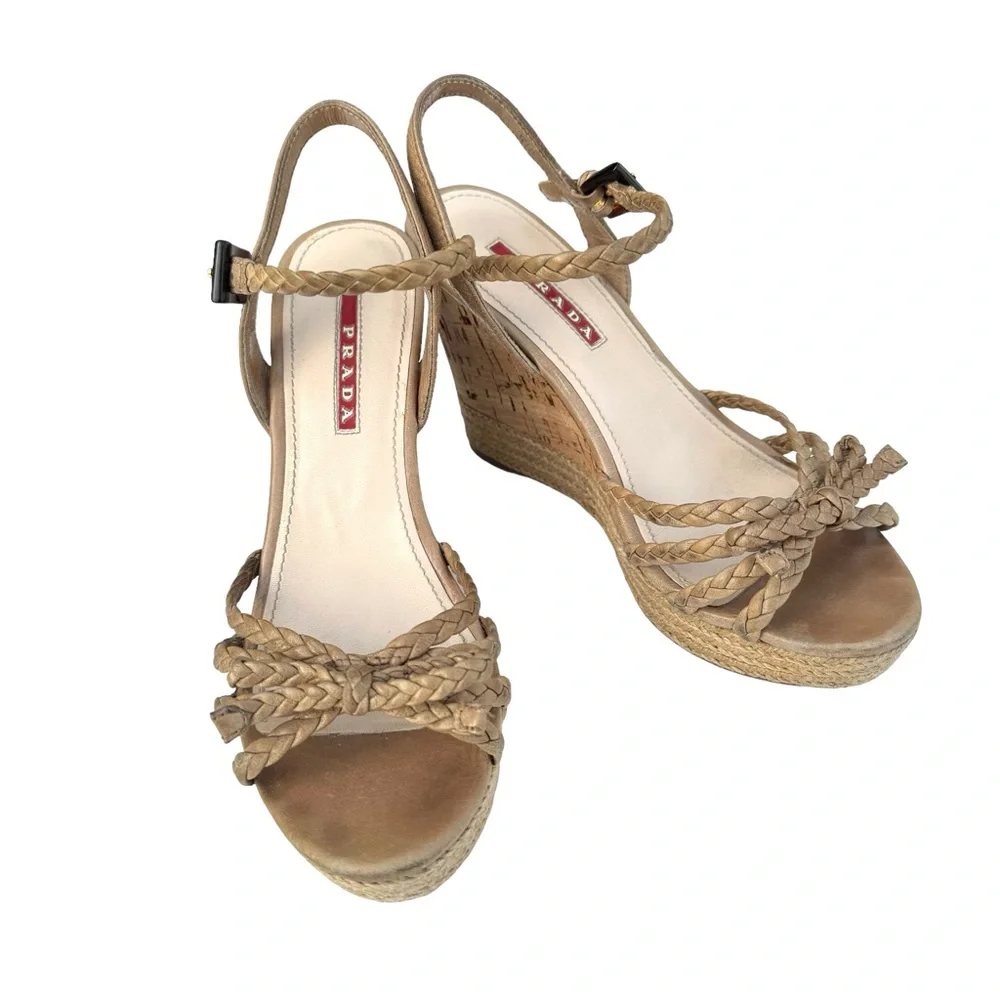 PRADA Strappy Sandals Cork Wedges Tan - Picture 3 of 16